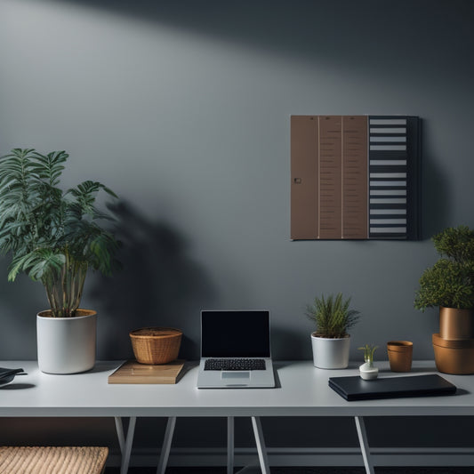 A minimalist desk with a sleek laptop, a small potted plant, and a few essential office supplies, surrounded by a subtle grid of digital icons and folders projected onto the wall.