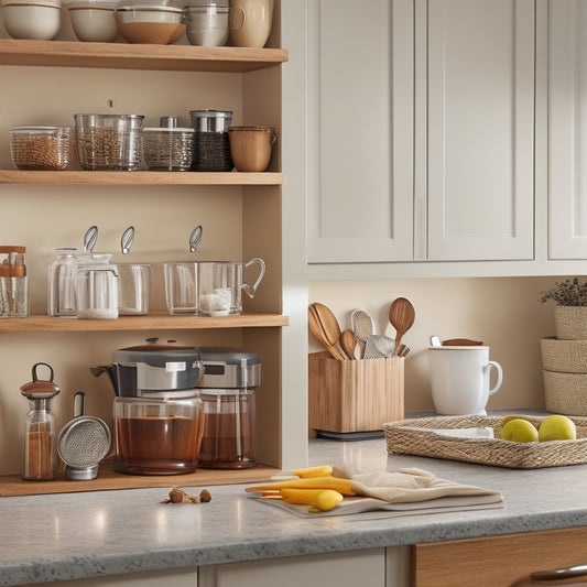 A clutter-free kitchen countertop with a wall-mounted utensil organizer, a slide-out spice rack, and a compact coffee station with a nesting coffee mug tree.