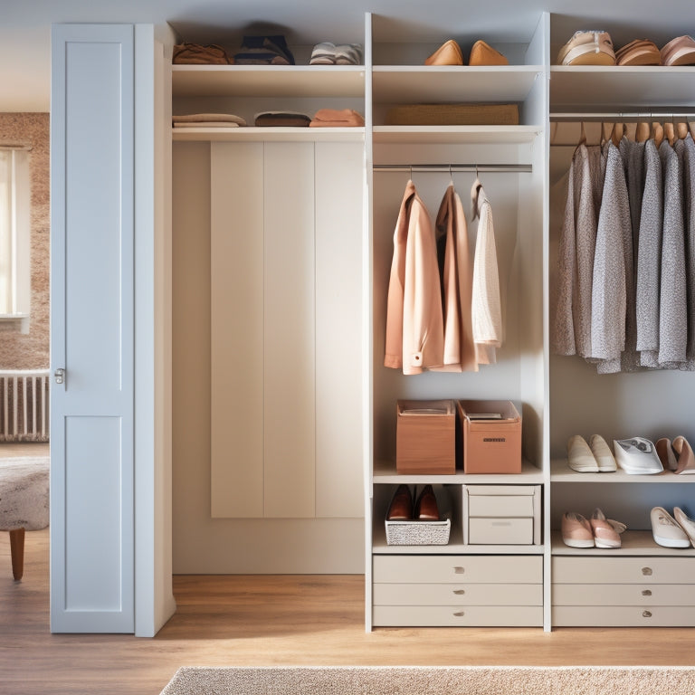 A serene, minimalist closet with a few, neatly hung clothes, shelves with stacked storage bins, and a few pairs of shoes lined up on a wooden floor, illuminated by soft, natural light.