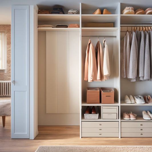 A serene, minimalist closet with a few, neatly hung clothes, shelves with stacked storage bins, and a few pairs of shoes lined up on a wooden floor, illuminated by soft, natural light.