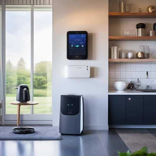 A modern, sleek, and minimalist home interior with various smart devices and gadgets integrated, such as a tablet on a kitchen counter, a smart thermostat on the wall, and a robot vacuum in the background.