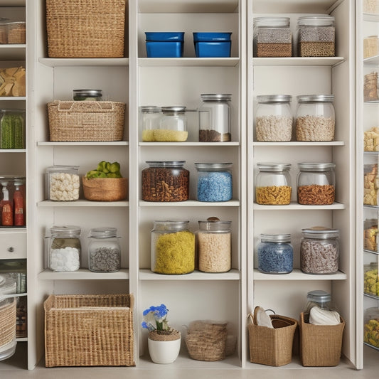 A tidy pantry with adjustable shelves, wicker baskets, and stackable containers, featuring a mix of glass jars, ceramic canisters, and a pegboard with hooks for utensils.