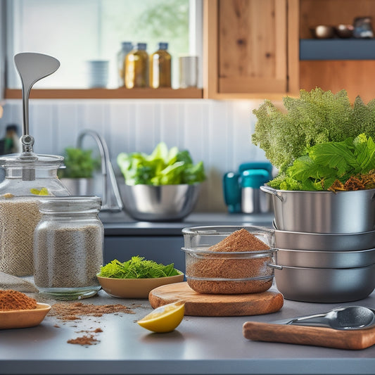 A cluttered kitchen counter with scattered utensils, open containers, and crumbs, contrasted with a tidy kitchen background featuring a organized utensil holder, a clean stainless steel countertop, and a few strategically placed fresh herbs.