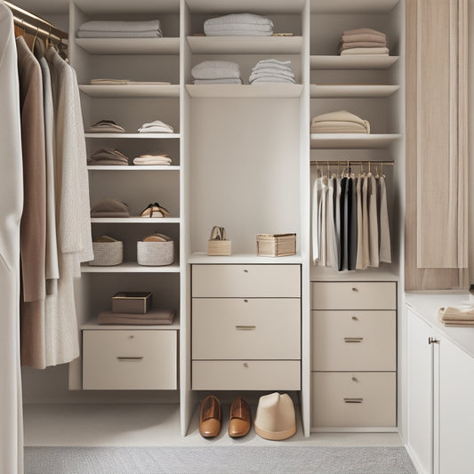 A serene, minimalist closet interior with a mix of open shelving, drawers, and hanging rods, featuring a few stylish outfits and accessories, all in a calming, neutral color palette.