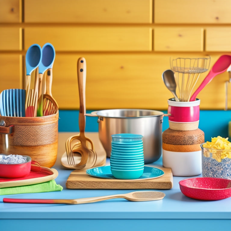 A colorful, clutter-free kitchen countertop with a wooden utensil organizer, a ceramic jar with cooking spoons, and a stainless steel carousel holding spatulas and whisks, surrounded by scattered recipe cards.