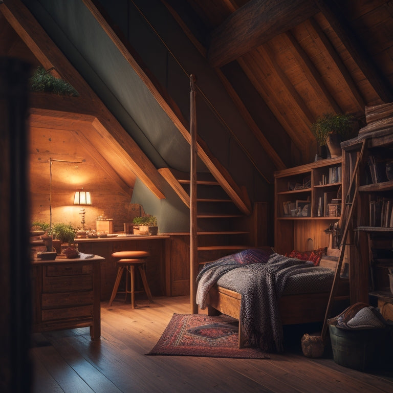 A cozy, dimly lit attic with exposed wooden beams, featuring a retractable staircase, built-in shelves, and a window seat with storage compartments underneath, surrounded by soft, warm lighting.