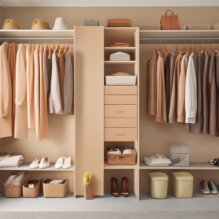 A serene, minimalist closet with a neutral beige background, showcasing a mix of hanging rods, shelves, and storage bins, with a few neatly arranged clothes and shoes in a harmonious color scheme.