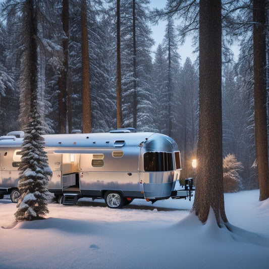 An Airstream camper parked in a snowy forest, with snowflakes gently falling, surrounded by evergreen trees, with a subtle glow of warm light emanating from the interior.