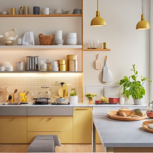A bright, modern kitchen with a sleek, white Helper Shelf against a warm, beige wall, featuring several hot spot zones illuminated by soft, golden lighting, surrounded by utensils and cookbooks.