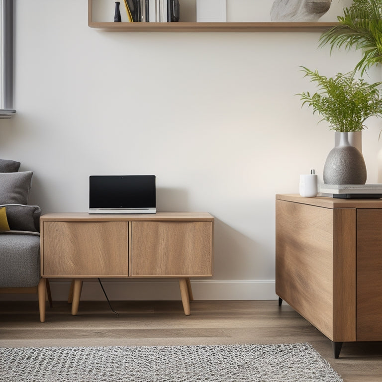A tidy, minimalist living room with a sleek, wall-mounted charging station, a cord organizer basket on a wooden desk, and a hidden compartment in a modern coffee table.