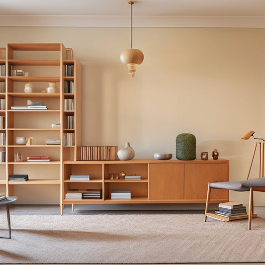 A minimalist, modern living room with floor-to-ceiling, custom-built shelving units in a warm wood tone, showcasing a curated selection of decorative objects and books amidst ample negative space.