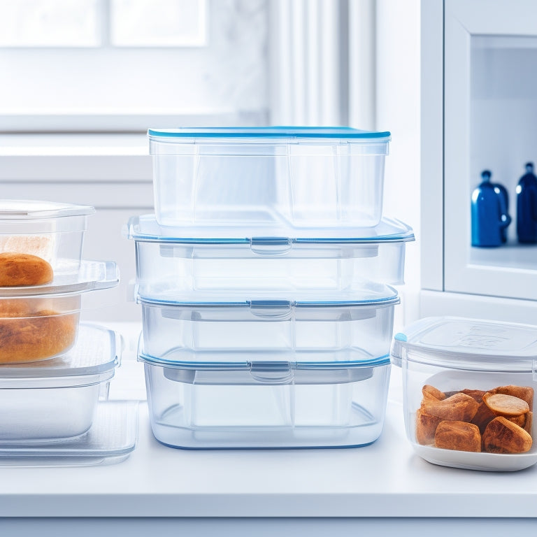 A tidy kitchen drawer filled with neatly stacked, transparent Tupperware containers of various sizes, separated by dividers, against a soft, white background with minimal shadows.