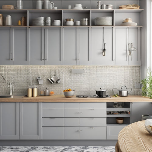 A modern kitchen with sleek, handle-less cabinets in a calming gray tone, featuring a pegboard with neatly organized utensils, a built-in spice rack, and a pull-out trash can.