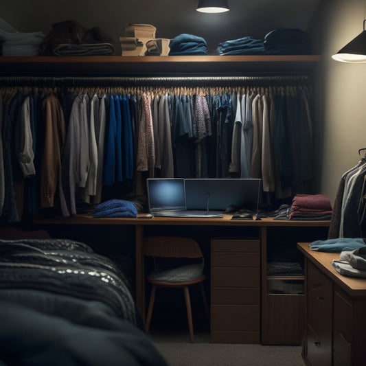 A messy closet with clothes scattered on the floor, next to a clean and organized closet with clothes neatly hung and sorted, both reflected in a computer screen in the foreground.