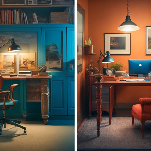 A before-and-after split-screen image: a cluttered, dimly lit office with scattered papers and dusty furniture on one side, and a bright, organized space with a sleek desk, a Mac, and vibrant artwork on the other.