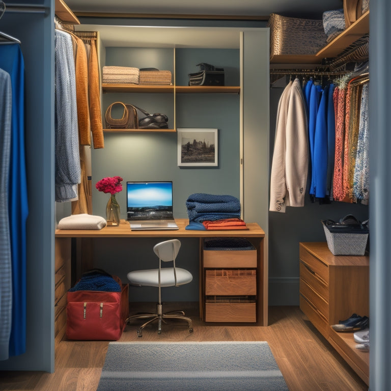 A cluttered closet with clothes scattered on the floor, contrasted with a sleek, organized closet featuring custom shelves and drawers, with a designer's laptop and design software open in the background.