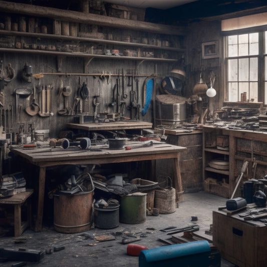 A cluttered workshop with various tools and materials scattered around, with a half-built shelving unit in the center, surrounded by measuring tapes, hammers, and wooden planks.