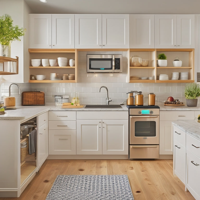 A bright, modern kitchen with cream-colored cabinets, warm wood accents, and sleek stainless steel appliances, featuring a custom storage system with pull-out shelves, drawers, and a pegboard.