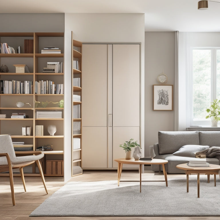 A tidy, minimalist living room with a murphy bed, foldable desk, and ottoman storage, surrounded by clutter-free shelves and a compact, space-saving bookcase with ladder.