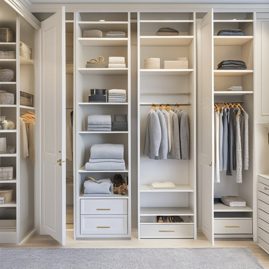A modern, sleek closet with floor-to-ceiling shelves, drawers, and cabinets in a calming white and gray color scheme, with a few stylish outfits and accessories artfully arranged.