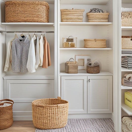 A bright, tidy corner closet with creamy walls, dark wood shelving units, and a mix of woven baskets, transparent storage bins, and hanging rods, showcasing organized clothing and accessories.