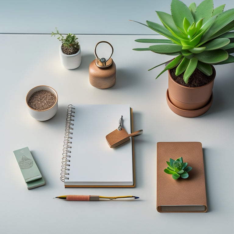 A minimalist desk with a few carefully placed objects: a small, leather-bound planner, a single, sharpened pencil, a delicate paperclip chain, and a tiny, potted succulent, set against a soft, white background.