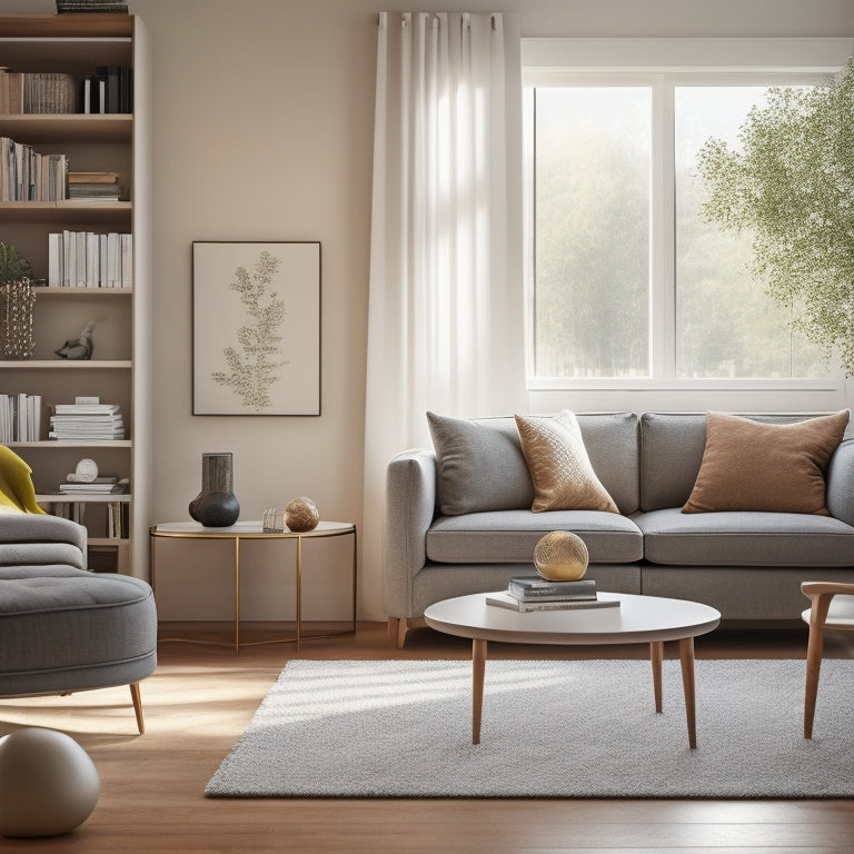 A serene, minimalist living room with a few, carefully-placed decorative objects, a tidy bookshelf, and a stylish storage ottoman, bathed in warm, natural light.