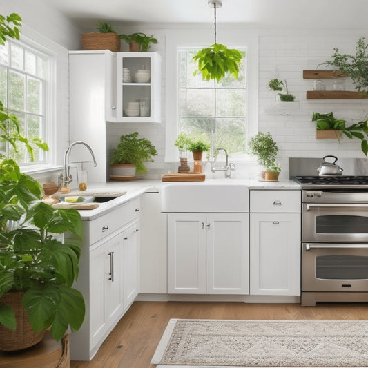 A bright, organized kitchen with white cabinets, stainless steel appliances, and a large island featuring built-in drawers, a utensil organizer, and a pull-out trash can, surrounded by plants and natural light.
