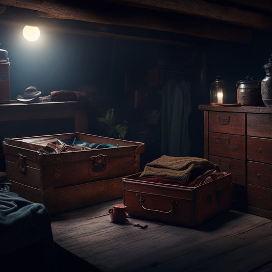 A dimly lit, cluttered attic space with old trunks, dusty boxes, and forgotten heirlooms, with a single, faint beam of light illuminating a mysterious, hidden compartment.