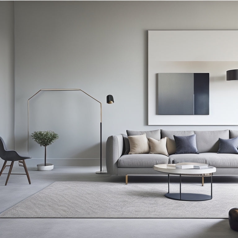 A minimalist, modern living room with a neutral color palette, featuring a sleek gray sofa, a geometric-patterned rug, and a show-stopping, oversized abstract art piece dominating the wall.