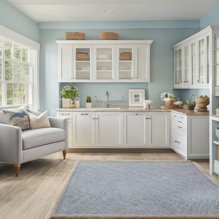 A serene, sunlit interior with custom cabinetry, polished wood shelves, and sleek drawers, set against a calming backdrop of soft blue walls and natural fiber rug, evoking Southwest Florida's coastal charm.