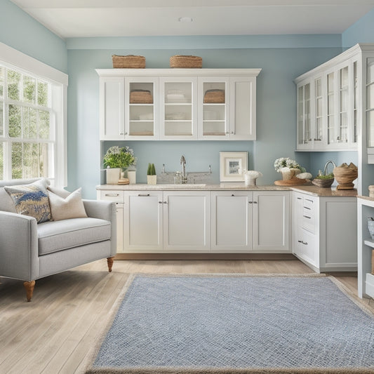A serene, sunlit interior with custom cabinetry, polished wood shelves, and sleek drawers, set against a calming backdrop of soft blue walls and natural fiber rug, evoking Southwest Florida's coastal charm.
