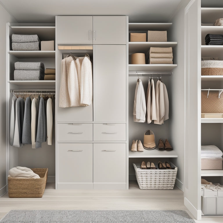 A serene, minimalist closet with a mix of open shelves, closed cabinets, and a floor-to-ceiling shoe rack, featuring a few stylish outfits on hangers, and a few decorative baskets and bins.