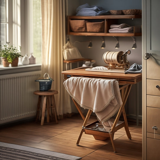 A tidy ironing station featuring a wooden cart with three drawers, iron and ironing board on top, surrounded by folded clothes, with a subtle steam effect and warm, soft lighting.