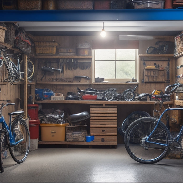 A cluttered garage with scattered tools, bikes, and storage bins, contrasted with a tidy section featuring a organized pegboard, labeled bins, and a gleaming sports car in the background.