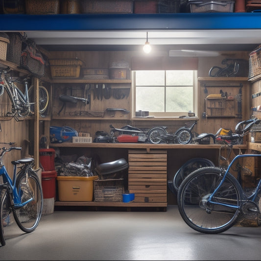A cluttered garage with scattered tools, bikes, and storage bins, contrasted with a tidy section featuring a organized pegboard, labeled bins, and a gleaming sports car in the background.