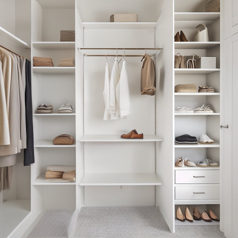 A serene, well-lit, minimalist closet interior with floor-to-ceiling shelves, a compact shoe rack, and a few elegant accessories artfully arranged on hooks and in small baskets.