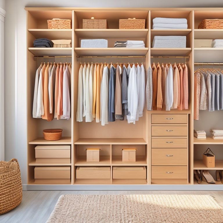 A clean and modern closet interior with a mix of shelves, drawers, and rods, showcasing various compartments, bins, and hanging organizers in a warm, neutral color palette, with soft, natural light.