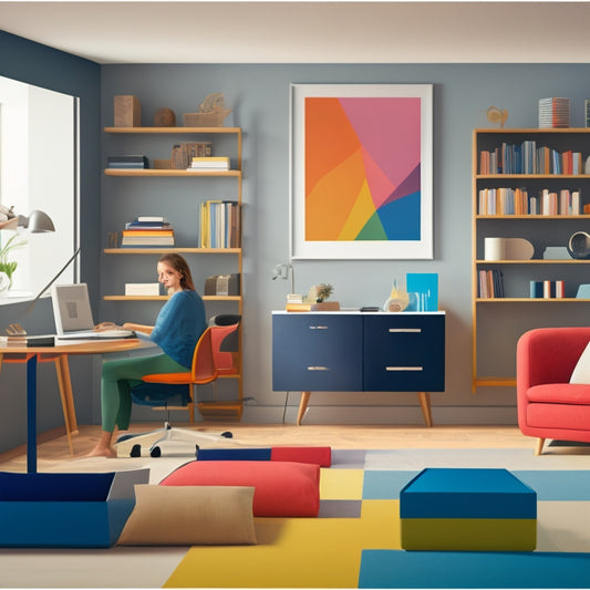 A colorful, minimalist illustration of a tidy living room with a few strategically placed colorful bins, a labeled folder organizer on a desk, and a calm, focused person in the background, surrounded by subtle hints of ADHD-friendly tools.