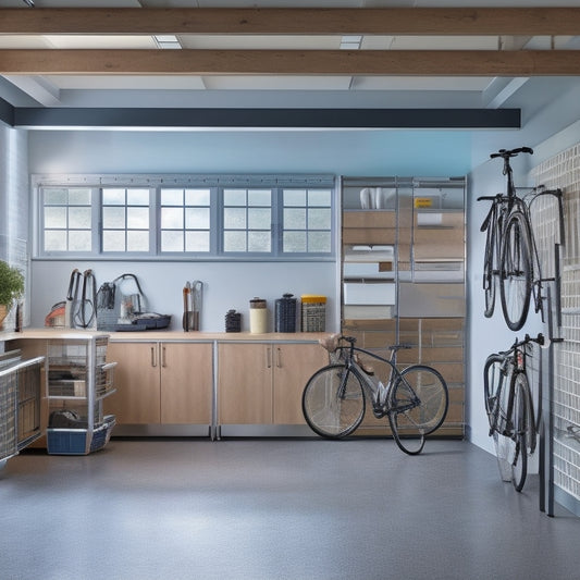 A clutter-free garage interior with sleek, floor-to-ceiling cabinets, slatwall panels, and a stainless steel workbench, surrounded by organized bicycles, tools, and storage bins, lit by natural light pouring through a large window.