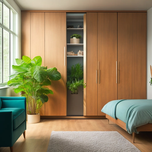 A serene, compact bedroom with a sleek, wall-mounted Murphy bed in a rich wood tone, surrounded by minimalist decor, soft lighting, and a few lush green plants.