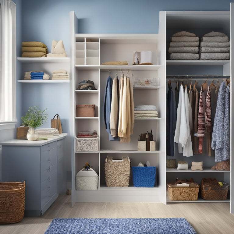 Generate an image of a tidy closet with 5-7 shelves of varying heights, each filled with neatly folded clothes, baskets, and bins, with hanging rods in the background, and a few decorative accents.