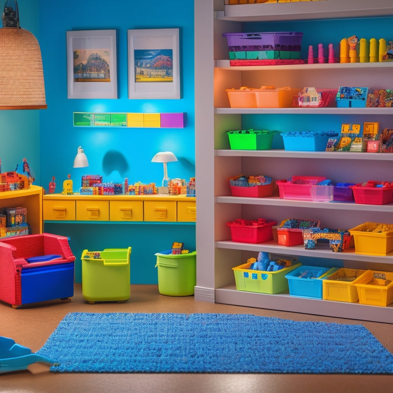 A tidy, well-lit playroom with a variety of colorful LEGO bricks and components organized into labeled bins, trays, and shelves, with a few built models on display.