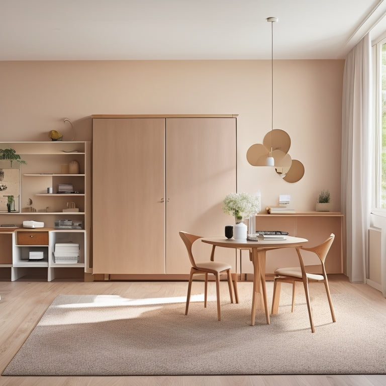 A minimalist, neutral-colored living room with a wall-mounted foldable desk, a Murphy bed, and a compact, circular dining table with nesting chairs, surrounded by floor-to-ceiling storage units.