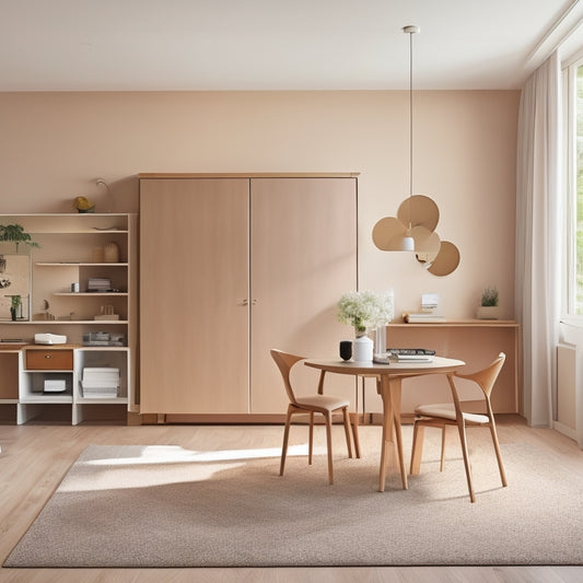 A minimalist, neutral-colored living room with a wall-mounted foldable desk, a Murphy bed, and a compact, circular dining table with nesting chairs, surrounded by floor-to-ceiling storage units.