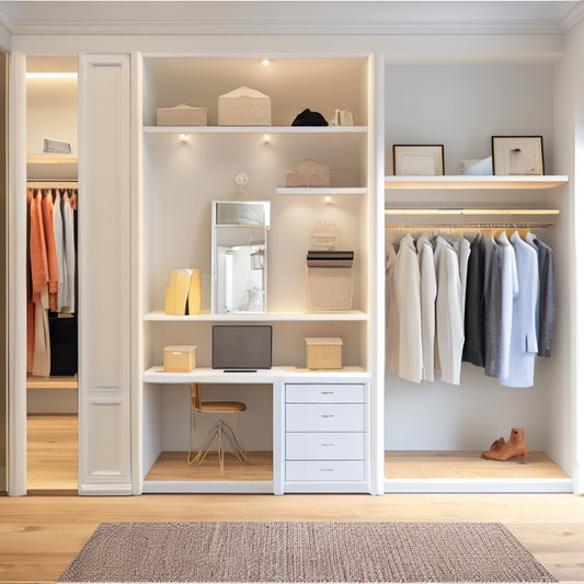 A minimalist, modern closet space with sleek white shelves, a wooden floor, and a large, ornate mirror, surrounded by laptops and design software interfaces on screens.
