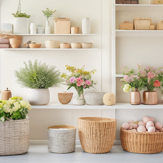 A bright and airy room with a mix of organized shelves, baskets, and containers in pastel colors, surrounded by blooming flowers and greenery, with a few stylish decor pieces.