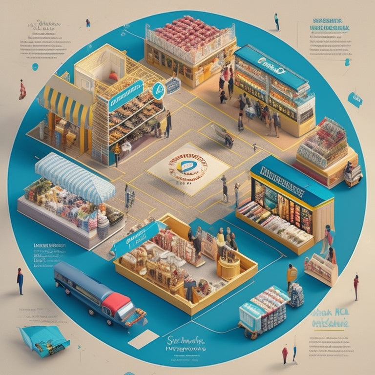 An illustration of a centralized marketplace with multiple storefronts, each with a unique design and products, connected to a large WordPress logo in the center, surrounded by swirling arrows and shopping carts.