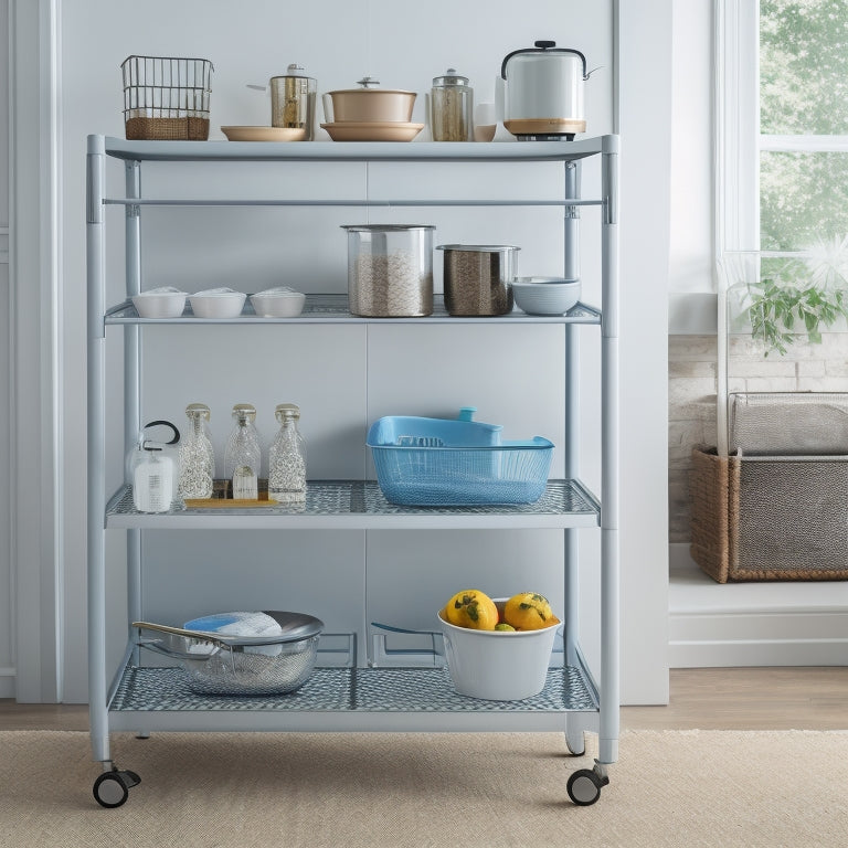 A tidy kitchen cart with three shelves, each containing a set of shelf dividers in different shapes and sizes, separating utensils, cookbooks, and kitchen gadgets in an organized and visually appealing arrangement.