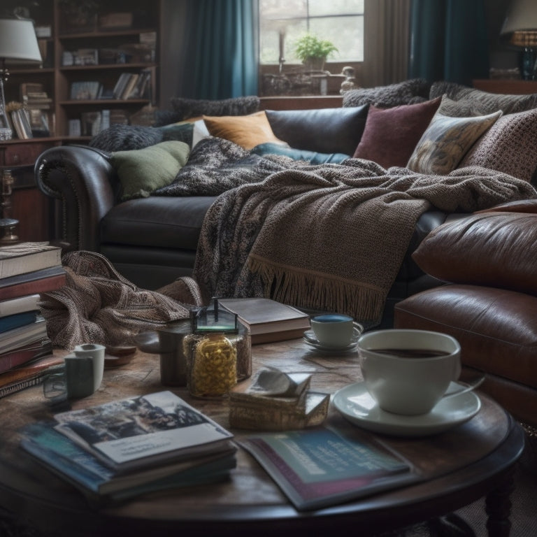 A cluttered living room with piles of clothes, books, and papers scattered around, a dusty vase on a messy coffee table, and a worn-out couch with stained cushions, surrounded by dim lighting.